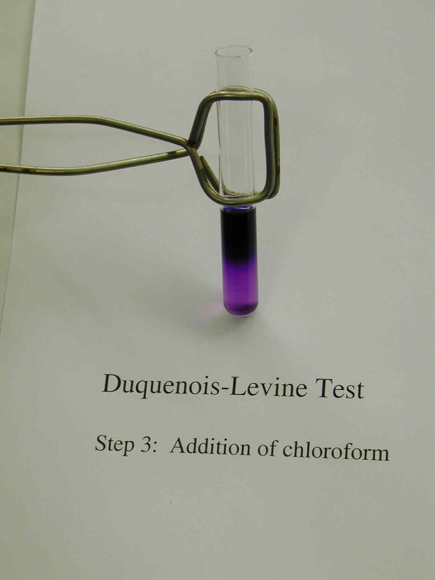 Glasröhrchen mit violetter Flüssigkeit auf Papier mit "duquenois-levine-Test Schritt 3 Zugabe von Chloroform" beschriftet