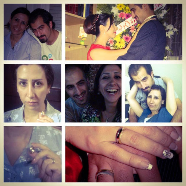 Eine Collage von Fotos, die einen Mann und eine Frau mit Eheringen zeigen, umgeben von Blumenschmuck und dekorativen Elementen.