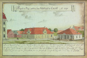 Eine Zeichnung eines Gebäudes mit einem roten Dach in einem Feld umgeben von Bäumen unter einem klaren blauen Himmel, mit Text in der foreground beschreibend das Gebäude als die Schleich-Schule in Schleswig-Holstein.