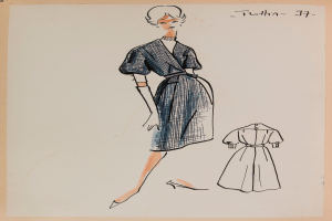 Eine Zeichnung einer Frau in einem Kleid im Stil der 1960er Jahre mit einem Kragen, langen Ärmeln und einemrock, die mit ausgestreckten Armen und leicht geneigtem Kopf steht, mit der Aufschrift "1960er Jahre" auf dem Papier.