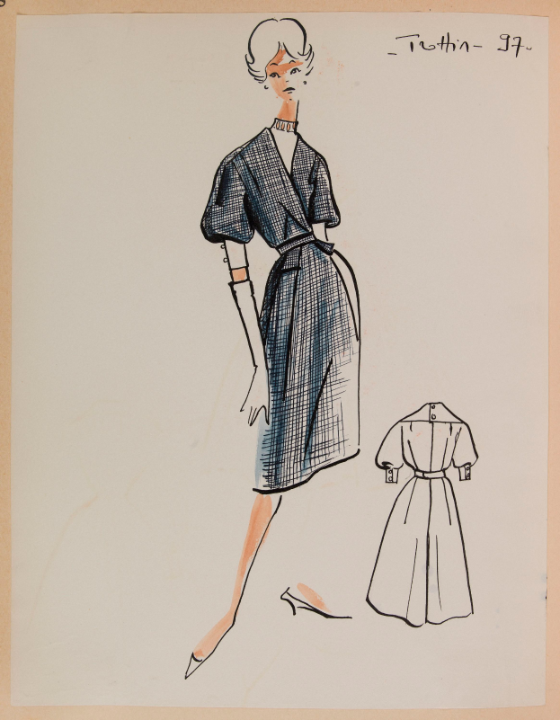 Eine Zeichnung einer Frau in einem Kleid im Stil der 1960er Jahre mit einem Kragen, langen Ärmeln und einemrock, die mit ausgestreckten Armen und leicht geneigtem Kopf steht, mit der Aufschrift "1960er Jahre" auf dem Papier.