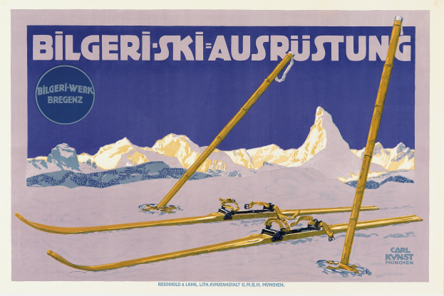 Ein Plakat, das eine Skigebietswerbung in den Schweizer Alpen zeigt, mit einem Paar Skier im Vordergrund und schneebedeckten Bergen im Hintergrund, mit Text, der Informationen über das Skigebiet bereitstellt.