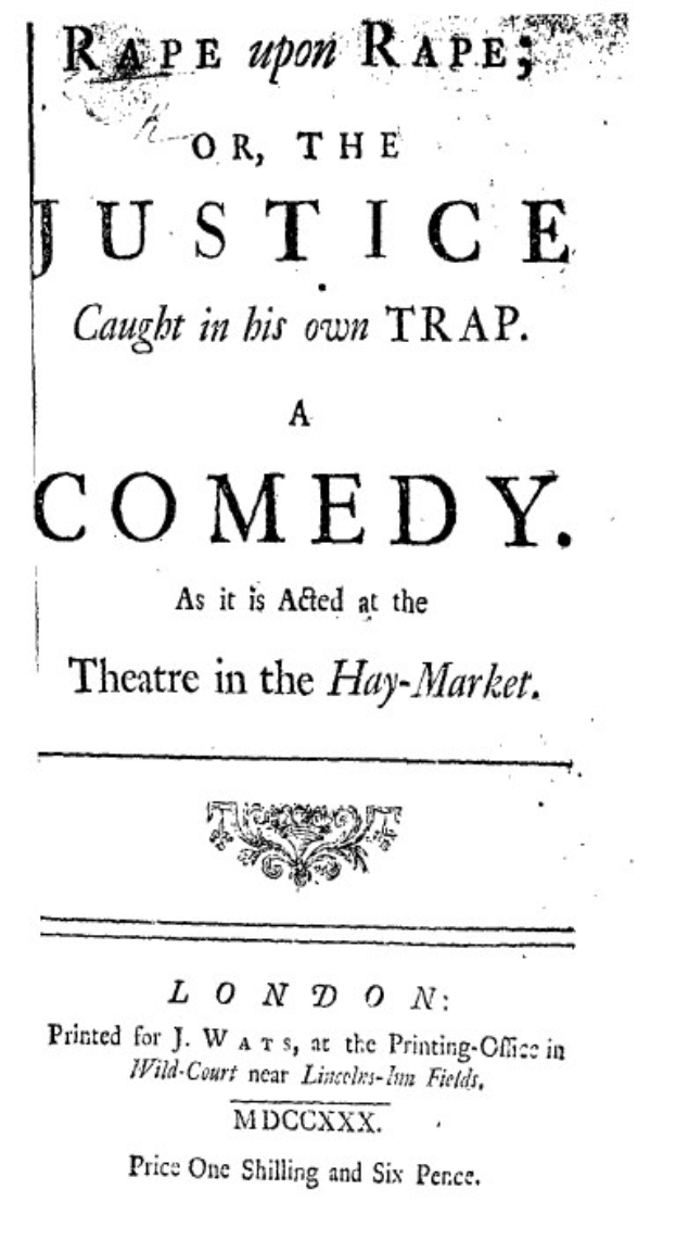 Schwarzer und weißer Plakat mit fetter schwarzer Schrift, die 'Vergewaltigung auf Vergewaltigung oder die Gerechtigkeit, die in ihrer eigenen Falle gefangen ist' liest, wahrscheinlich Ankündigung einer Comedy-Show.