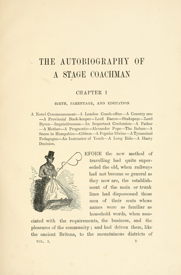 Offenes Buch mit dem Titel 'Die Autobiografie eines Stage-Coachmans' mit einer Zeichnung eines ernst aussehenden Coachmans in einem Anzug, Hut und mit einer Stab und einem Buch haltend.