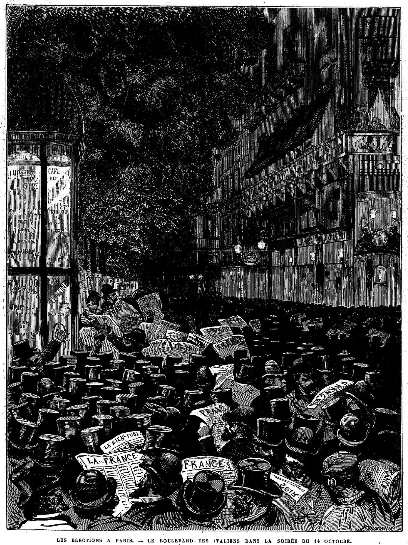 Schwarz-weiß-Illustration einer belebten Pariser Straße am Abend des 16. Oktober 1885 mit einem Gebäude auf der rechten Seite und einem Baum im Hintergrund, die eine Wahllokalszene zeigt.