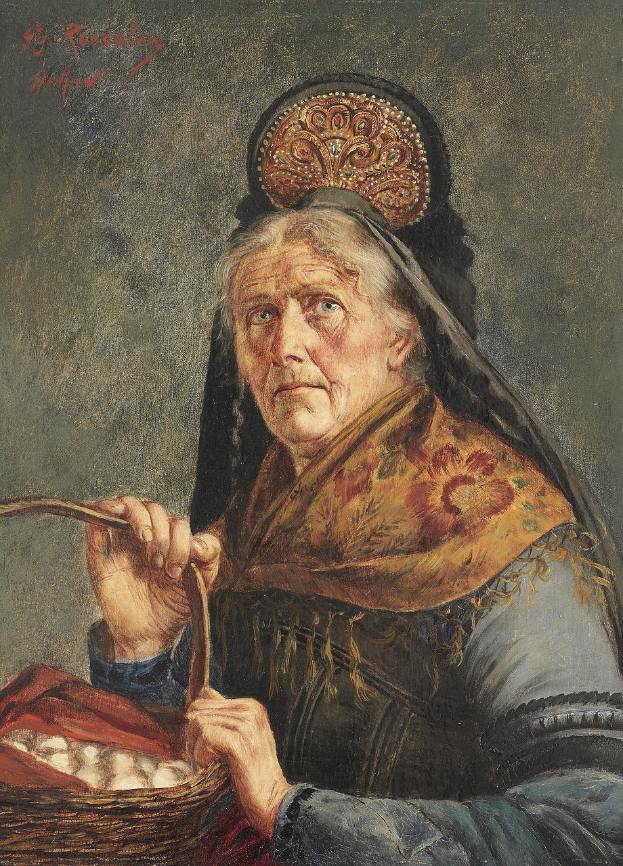 Eine ältere Frau in einem weißen Kleid und einem blauen Schultertuch hält einen überlaufenden Korb voller buntfarbiger Eier, ihr Haar ist zu einem Knoten gebunden, mit einem sanften Gesichtsausdruck.