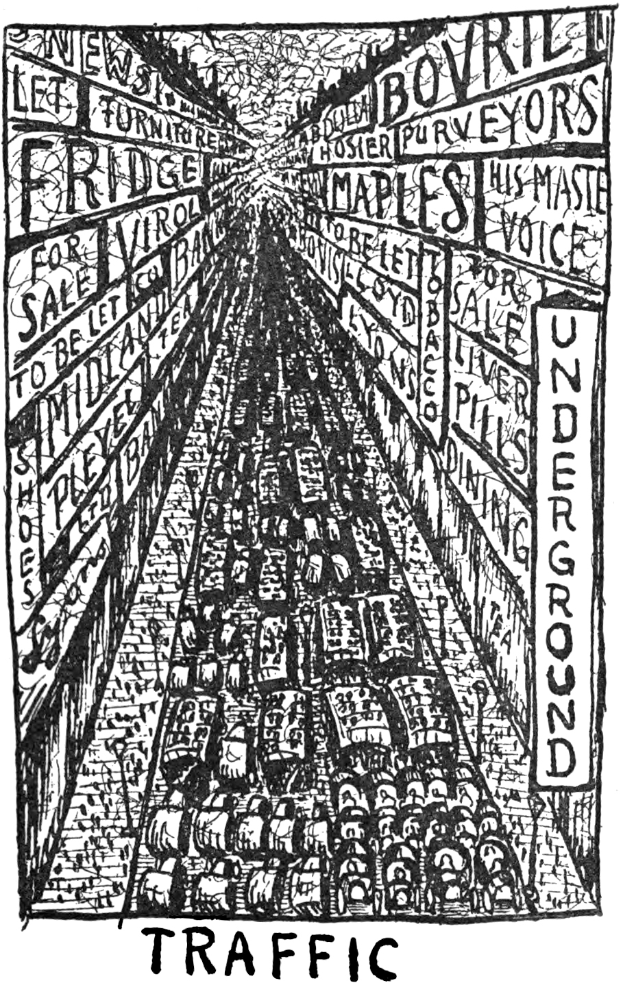 Eine Schwarz-Weiß-Zeichnung einer belebten U-Bahn-Station voller verschiedener Gegenstände, mit dem Wort "Verkehr" darunter.