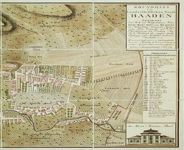 Alte detaillierte Karte von Baden-Württemberg, Deutschland, mit einem Gebäude in der rechten unteren Ecke, die Straßen, Gebäude und Sehenswürdigkeiten zeigt.