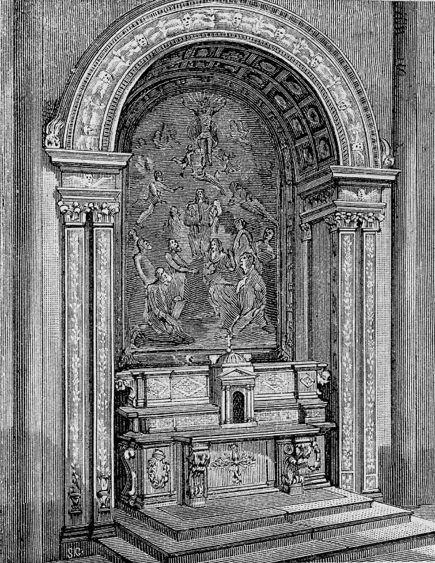 Eine Schwarzweiß-Radierung eines Kircheninneren mit Säulen, Stufen und einer Wandskulptur, beschriftet mit "Taufe Christi".