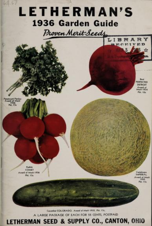 Ein Buch mit dem Titel "Letherman's 1936 Garden Guide Proven Merit Seeds" mit Bildern von Gemüse und Text auf dem Cover.
