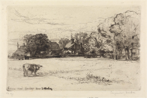 Eine Zeichnung eines Bauernhofs mit einer Kuh im Vordergrund, umgeben von Bäumen und Häusern im Hintergrund, mit dem Text "Cottages near Harlep, House S. Madigan" unten.