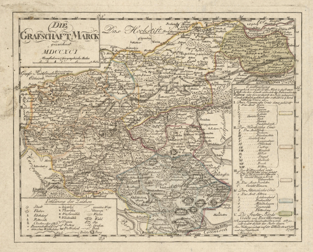Ein detaillierter alter Stadtplan von München, Deutschland, mit Straßen, Parks, Sehenswürdigkeiten und einem dekorativen Rahmen in Blau-, Grün- und Gelbtönen.