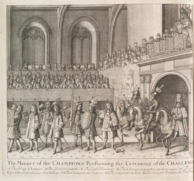 Eine Zeichnung einer Gruppe von Menschen, einige auf Pferden, vor einer Menge mit einem Gebäude im Hintergrund, mit Text darunter, der "Die Art und Weise, wie die Champions die Herausforderung durchführen" liest.