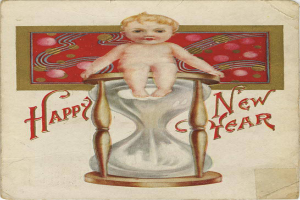 Eine alte Postkarte mit einem Baby in einem weißen Kleid auf einer Sanduhr sitzend, mit "Fröhliches neues Jahr" in einer dekorativen Schriftart.