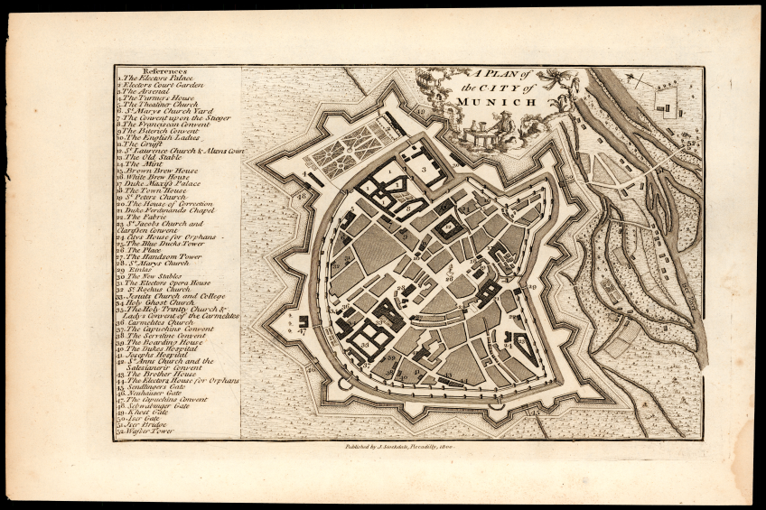 Ein altes Stadtplan von München, Deutschland, auf einem schwarzen Hintergrund, der Straßen, Gebäude und Sehenswürdigkeiten mit beschrifteten Text zeigt.