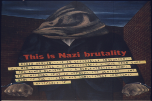 Ein Plakat an einer Wand mit einer Person in einer schwarzen Kapuzenjacke und Maske mit einem ernsten Gesichtsausdruck, auf dem in fetter weißer Schrift "Das ist Nazi-Gewalt" steht.