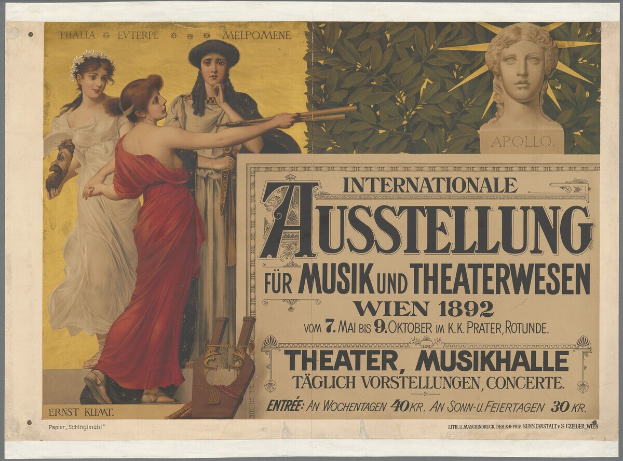 Ein Vintage-Plakat für ein Event in Wien, Österreich, das eine Gruppe von Menschen in einem Kreis mit einer Frau in der Mitte zeigt, die ein Musikinstrument hält, und Text, der Eventdetails bereitstellt.