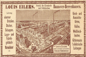 Eine alte Werbung für die Louis Eilers Hannover-Herrenhausen-Fabrik, die das Fabrikgebäude mit einem Textüberblatt zeigt.
