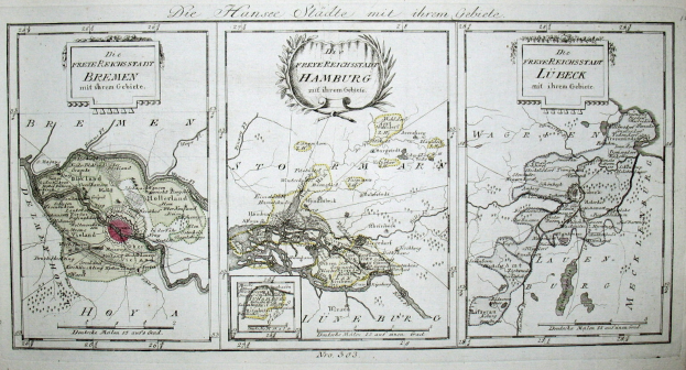 Ein detaillierter alter Stadtplan von Hamburg, Deutschland, der Städte, Ortschaften, geografische Merkmale und Text zu Bevölkerung, Straßen und Sehenswürdigkeiten zeigt.