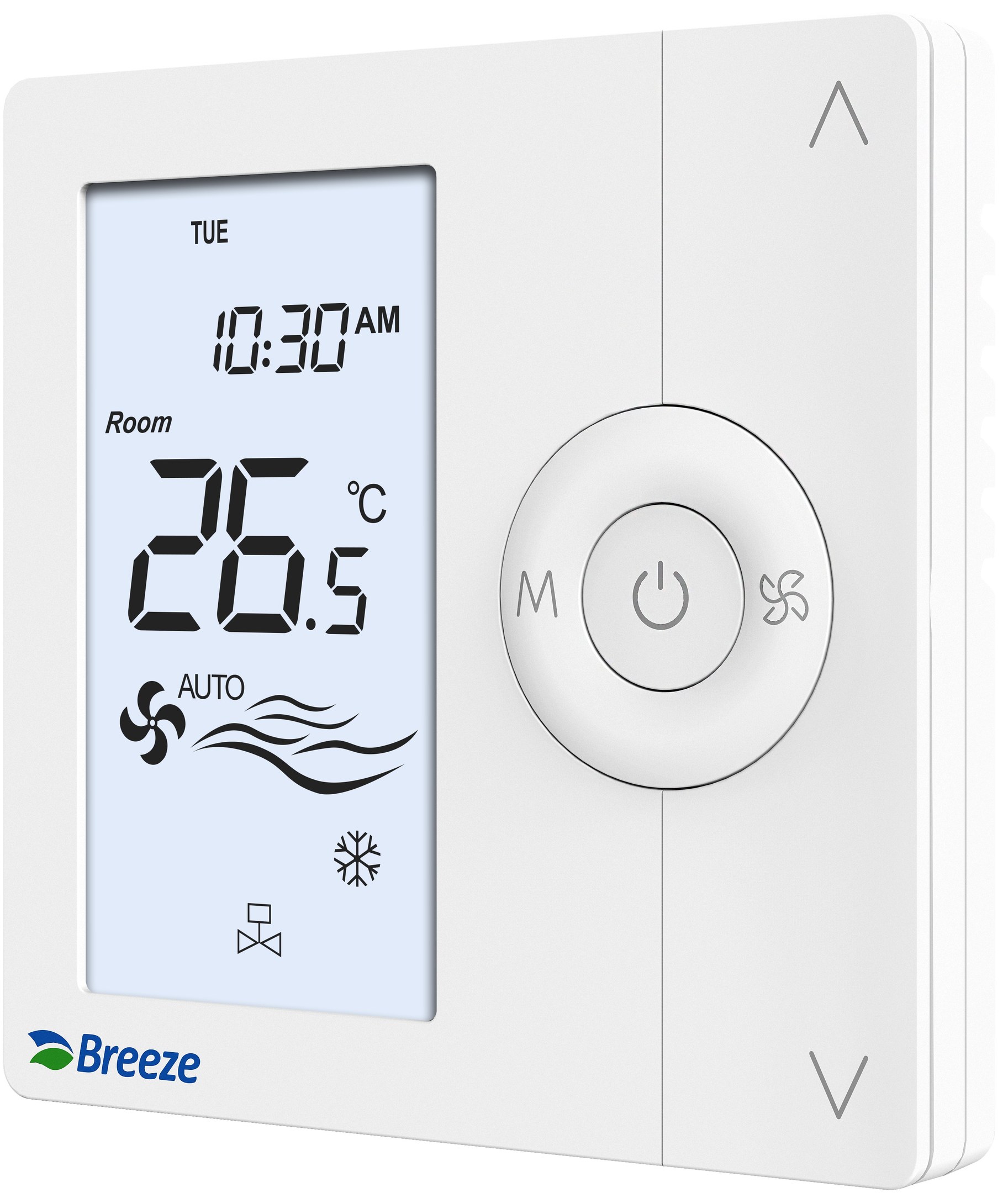 Weißer digitaler programmierbarer Thermostat mit der Aufschrift "breeze digital programmable thermostats" vor einem weißen Hintergrund.