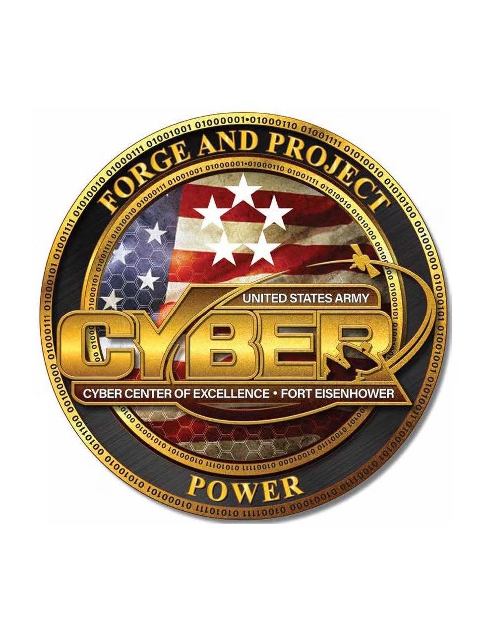 Logo des United States Army Cyber Center of Excellence auf Fort Eisenhower, mit einem blauen Kreis mit einem weißen Stern und dem Text "Forge and Project Cyber Power" darunter.