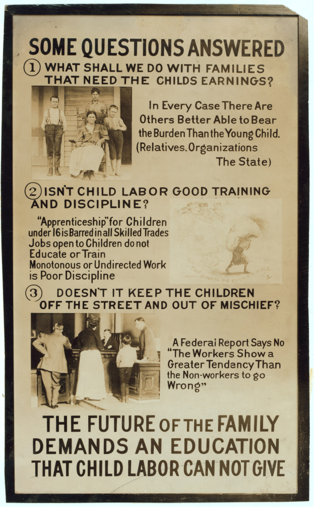 Ein Plakat mit einem hellgelben Hintergrund, das eine vielfältige Gruppe von Menschen zeigt, die zusammen in einem Kreis stehen, mit dem Text "Die Zukunft der Familie erfordert eine Bildung, die Kinderarbeit nicht geben kann".