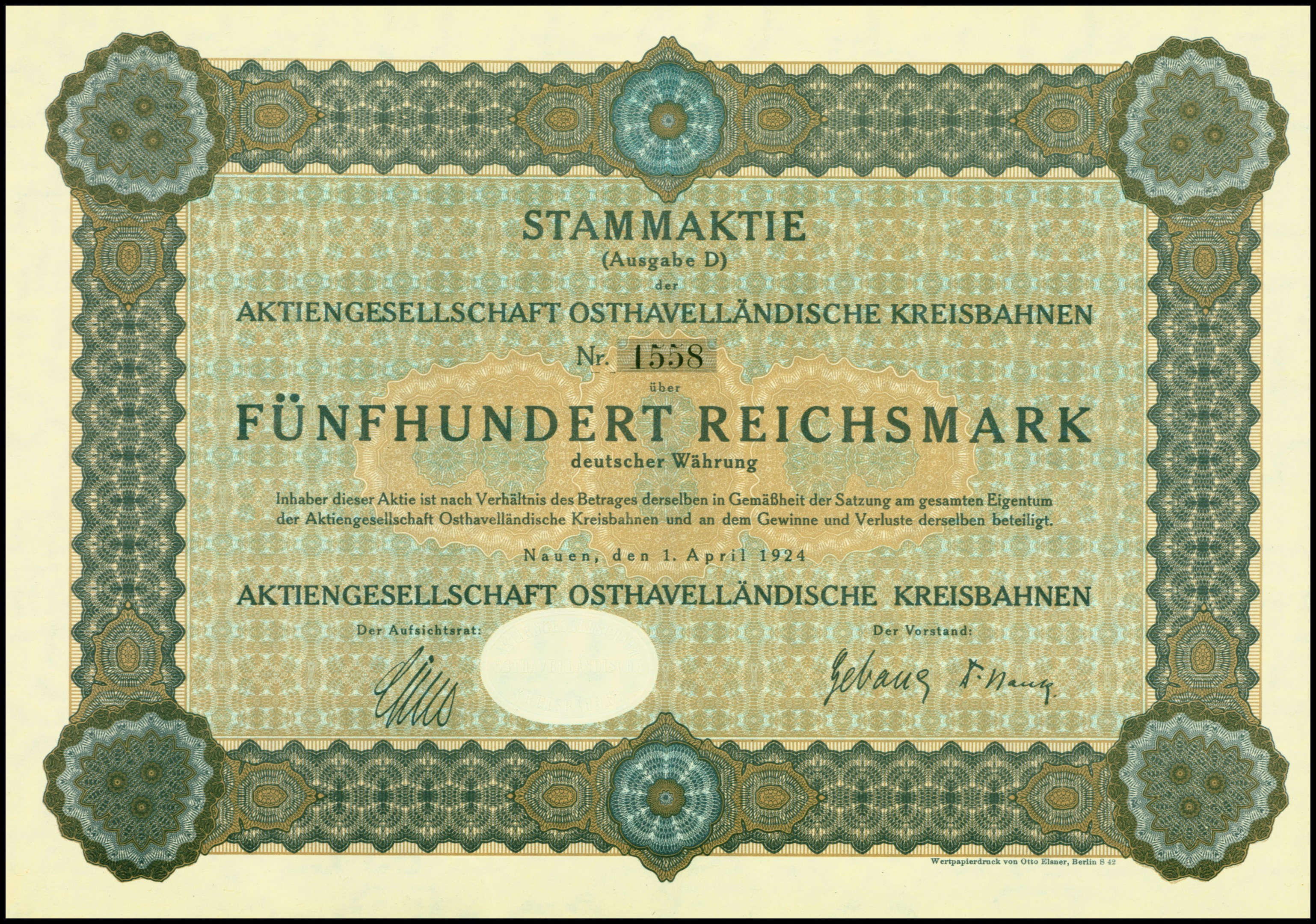 Altes deutsches Aktienzertifikat mit schwarzem Rand und gedrucktem Text.