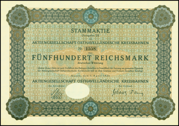 Altes deutsches Aktienzertifikat mit schwarzem Rand und gedrucktem Text.