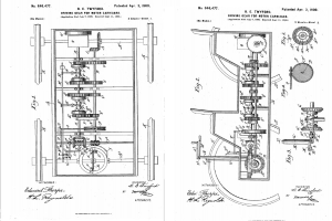 Eine detaillierte Zeichnung einer Maschine mit zahlreichen Zahnrädern, die als erstes Patent für ein Auto gilt, auf weißem Papier mit begleitendem Text.