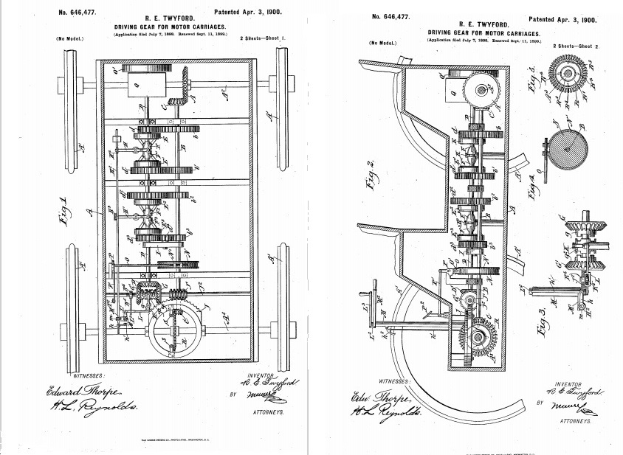 Eine detaillierte Zeichnung einer Maschine mit zahlreichen Zahnrädern, die als erstes Patent für ein Auto gilt, auf weißem Papier mit begleitendem Text.