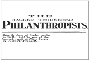 Ein Plakat mit der Aufschrift "The Ragged Troubled Philanthropists" in fetter, schwarzer Schrift auf einem weißen Hintergrund, eingerahmt von einem schmalen schwarzen Rand.