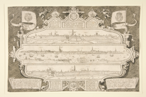 Ein Plakat mit einer detaillierten Zeichnung einer Stadt mit zahlreichen Gebäuden, Flaggen und Text, das wahrscheinlich als Stadtplan mit Informationen über die Stadt und ihre Einwohner dient.