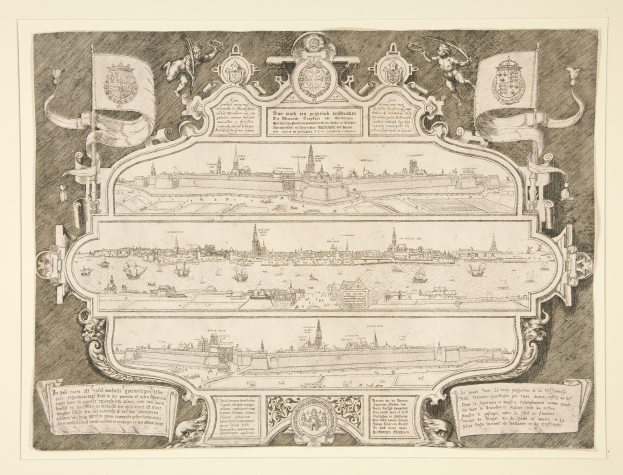 Ein Plakat mit einer detaillierten Zeichnung einer Stadt mit zahlreichen Gebäuden, Flaggen und Text, das wahrscheinlich als Stadtplan mit Informationen über die Stadt und ihre Einwohner dient.