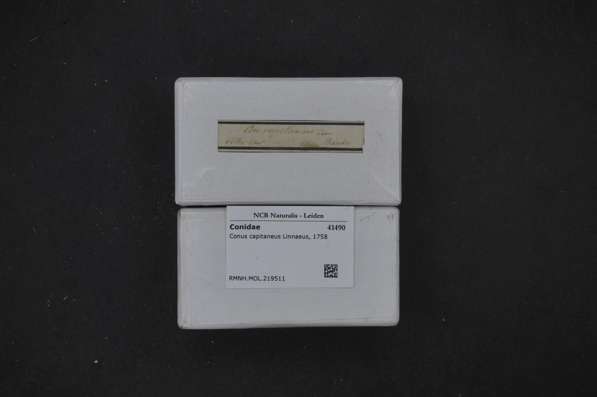 Weißer Karton mit Etikett, das Text und einen Barcode enthält, auf schwarzer Oberfläche