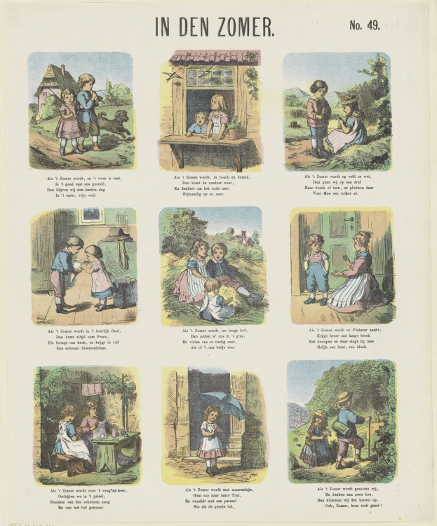 Ein buntes Kinderbild von Kindern, die in einem üppigen Garten spielen, mit spielerischem Text darunter.