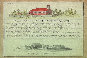 Altes Buch mit einer Illustration eines roten Hauses umgeben von Bäumen und einem Zaun, Text lautet "Deutsche Schule in den Niederlanden, 1777".