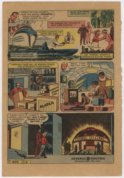 Comic-Seite mit einem Mann in einem blauen Anzug mit weißem Hemd und roter Krawatte und einer Frau in einem weißen Kleid mit blauer Schärpe und Schürze, vor einem hellblauen Himmel mit weißen Wolken.