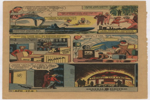 Comic-Seite mit einem Mann in einem blauen Anzug mit weißem Hemd und roter Krawatte und einer Frau in einem weißen Kleid mit blauer Schärpe und Schürze, vor einem hellblauen Himmel mit weißen Wolken.