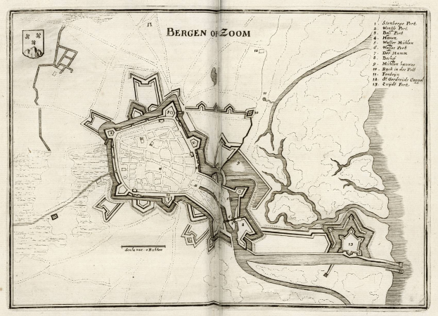 Ein aufgeschlagenes Buch, das eine detaillierte Karte von Bergen, Norwegen, mit Straßen, Gebäuden und Sehenswürdigkeiten zeigt und mit Text beschriftet ist.