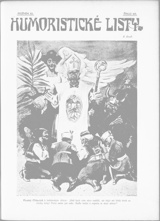 Schwarzes und weißes Foto von Menschen, die sich um ein Plakat im Retro-Stil versammeln, das mit "Humoristischer Listen" beschriftet ist.