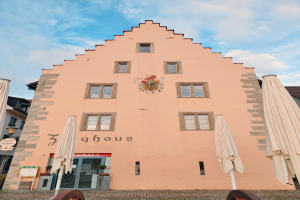 Ein rosafarbenes Gebäude mit einem zentralen Uhrenturm, umgeben von Fenstern, Schirmen, einem Schild, einer Straßenlaterne, Topfpflanzen, unter einem bewölkten Himmel.