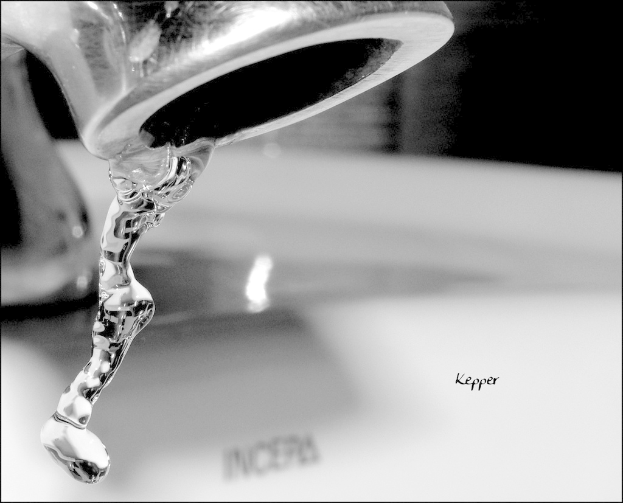 Ein Wasserhahn mit fließendem Wasser und ein unscharfer Wasserzeichen im Hintergrund.