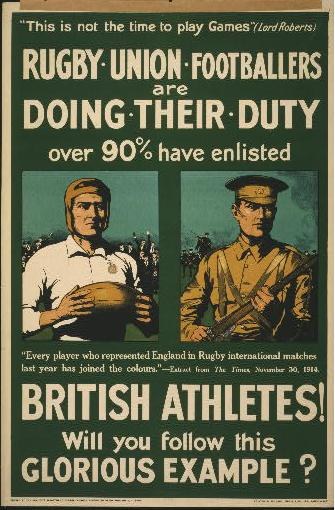 Ein Vintage-Plakat mit zwei Rugby-Union-Fußballern, das ihre Einberufung in den Dienst bewirbt und darauf hinweist, dass über 90 % der britischen Athleten eingezogen sind.