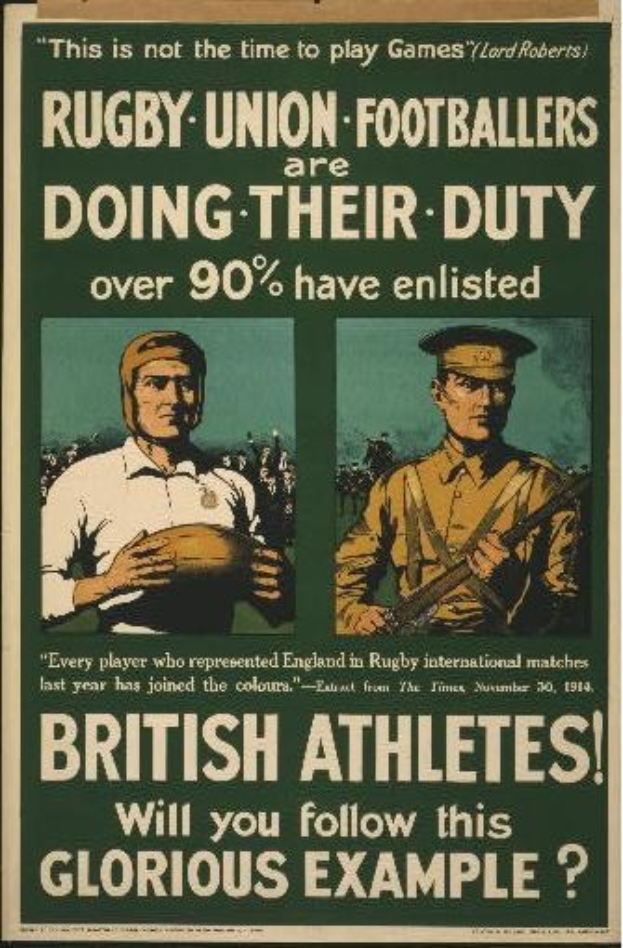 Ein Vintage-Plakat mit zwei Rugby-Union-Fußballern, das ihre Einberufung in den Dienst bewirbt und darauf hinweist, dass über 90 % der britischen Athleten eingezogen sind.