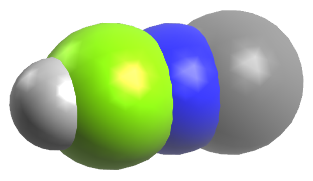 Ein 3D-Modell eines Wasserstoffatoms mit einer grünen, blauen und grauen Farbgebung gegen einen weißen Hintergrund.