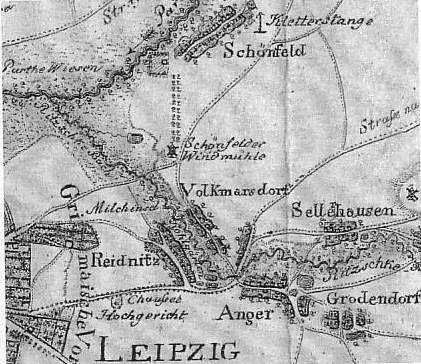 Ein detaillierter alter Stadtplan von Leipzig, Deutschland, der Straßen, Gebäude und Sehenswürdigkeiten zeigt, begleitet von Texten über die Bevölkerung, Straßen und bekannte Orte der Stadt.