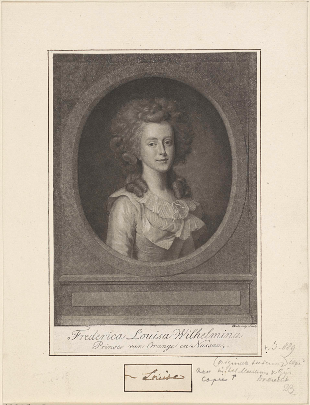 Ein Porträt von Friedrich Ludwig Wilhelmina, einer jungen Frau mit lockigen Haaren, die zu einem Dutt gebunden sind, in einem weißen Kleid mit einem blauen Schal, die zur Seite schaut und einen sanften Ausdruck hat.