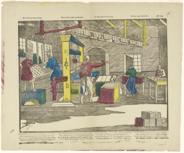 Eine handgezeichnete Fabrikszene mit Menschen, die Maschinen bedienen und an Tischen arbeiten, mit Fenstern und anderen Gegenständen und Text am unteren Rand des Papiers.