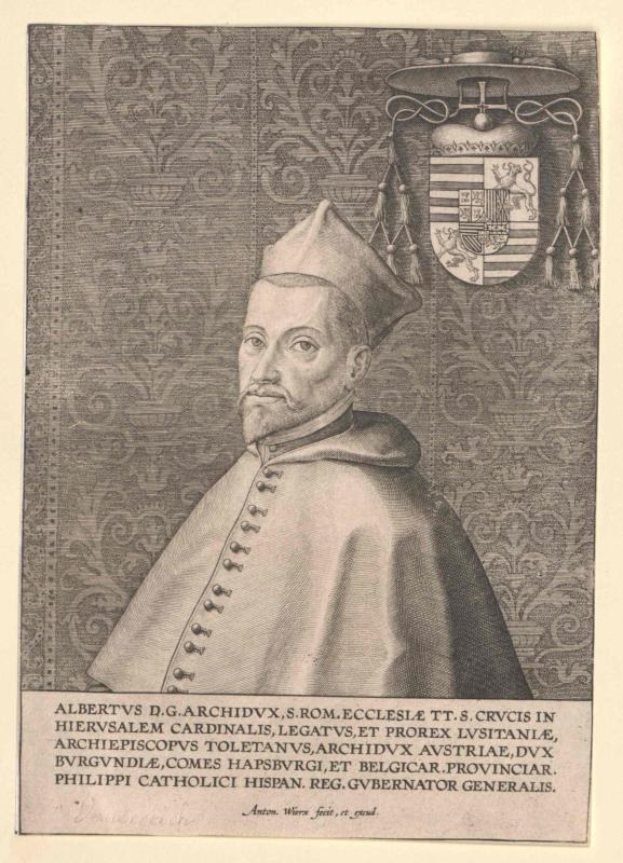 Gravur eines Mannes in Priestergewand und Hut, beschriftet mit Albrecht D., mit einem Wappen im Hintergrund und dem Wort "Erzbistum" unten.
