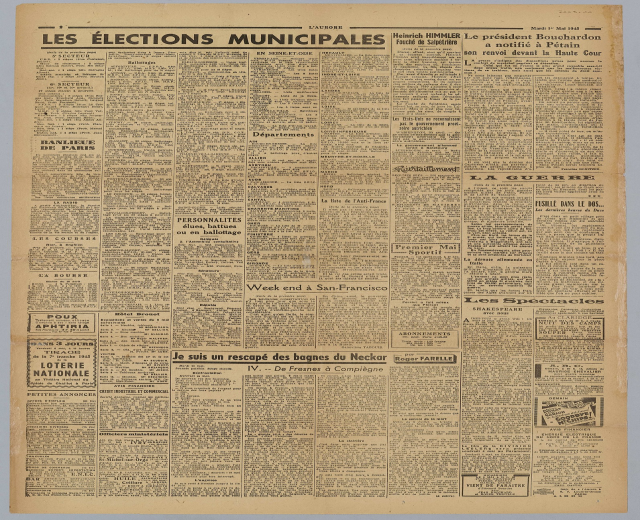 Titelseite der französischen Zeitung *Les Élections Municipales* mit weißem Hintergrund und dichtem Text über Kommunalwahlen.